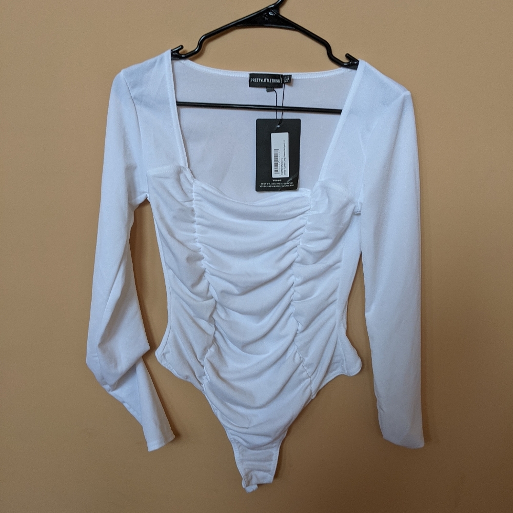 PLT White Ruched Long sleeve Bodysuit